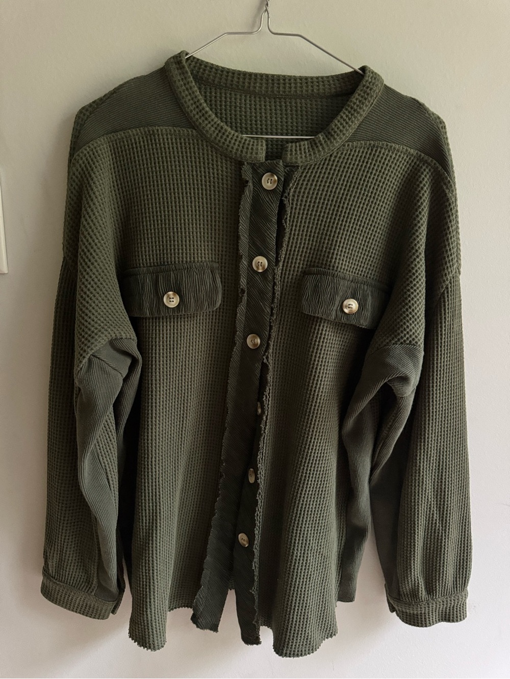 Women's Olive Green Waffle Knit Button-Up Shirt Jacket